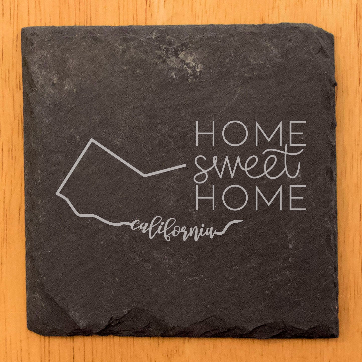Rustic Slate Coasters Set of 4 - Round 4" with California Design, 'Home Sweet Home' - Perfect Gift for Holidays, Birthdays, Housewarming - Made in Oregon, USA - Natural Chipped Edge, Rubber Feet