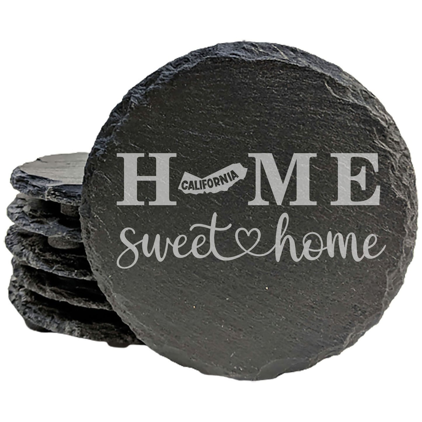 Rustic Slate Coasters Set of 4, 4" Round, Laser Etched 'HOME SWEET HOME' Design, Perfect Gift for Holidays, Birthdays, Housewarming, Made in Oregon, USA, Natural Chipped Edge, Rubber Feet