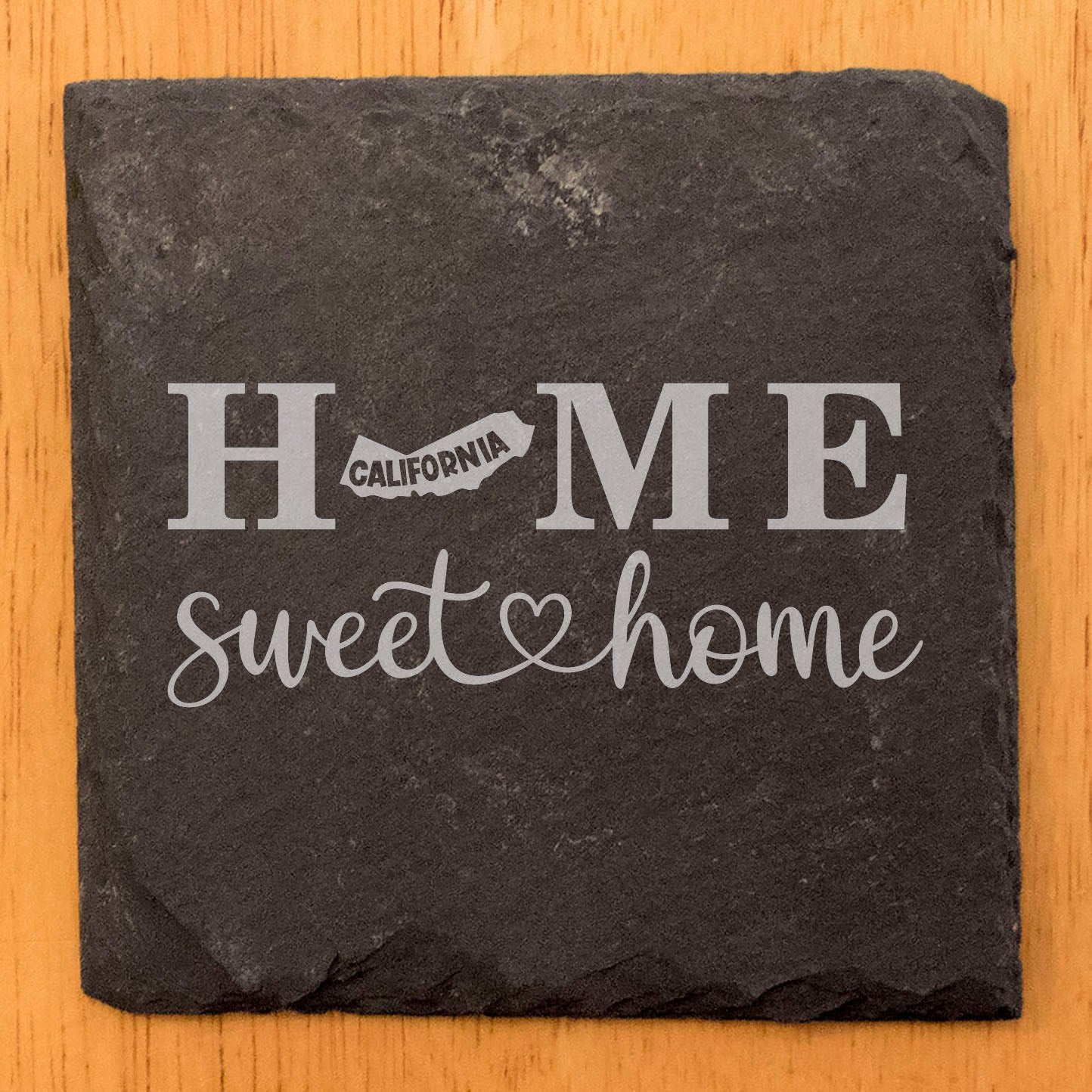 Rustic Slate Coasters Set of 4, 4" Round, Laser Etched 'HOME SWEET HOME' Design, Perfect Gift for Holidays, Birthdays, Housewarming, Made in Oregon, USA, Natural Chipped Edge, Rubber Feet