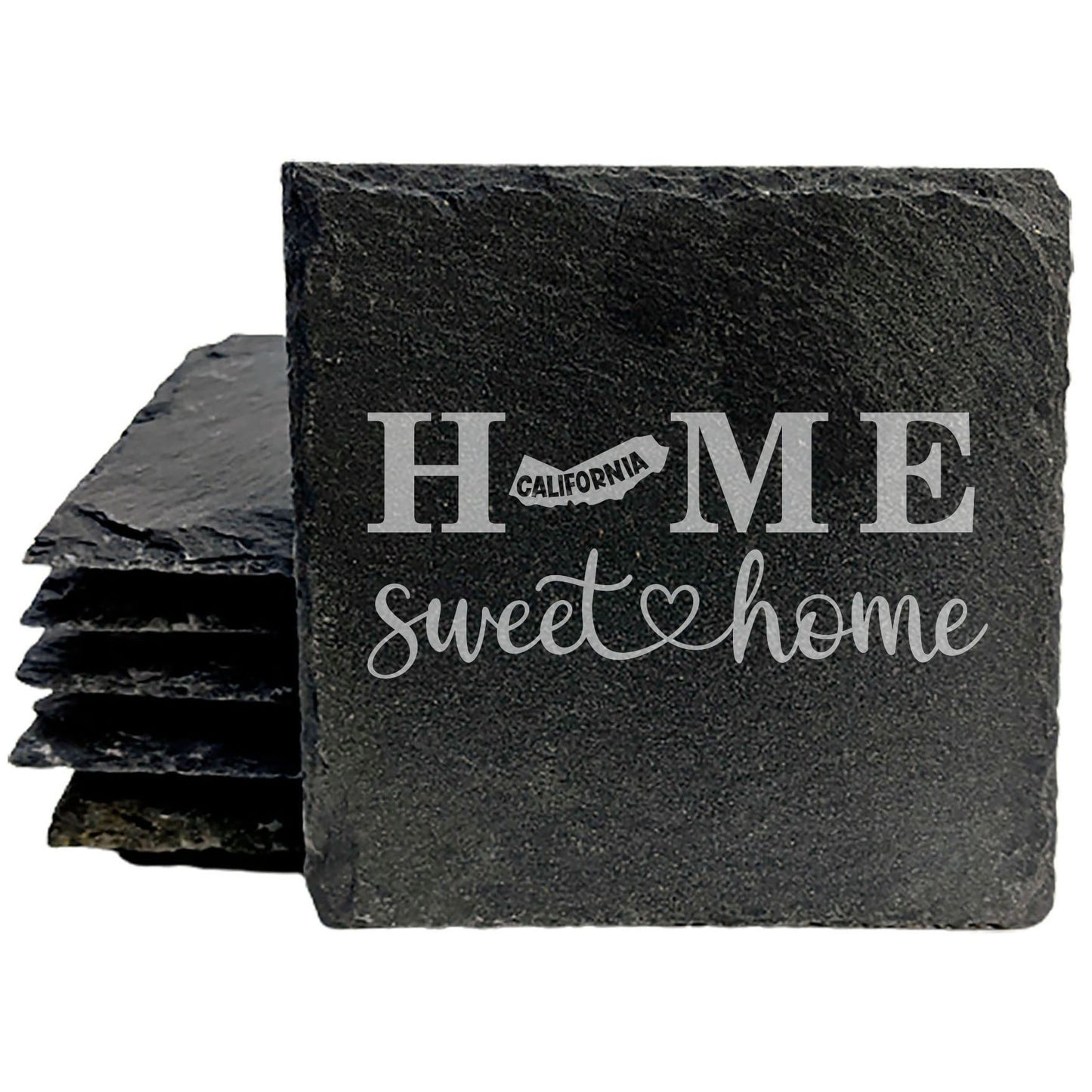 Rustic Slate Coasters Set of 4, 4" Round, Laser Etched 'HOME SWEET HOME' Design, Perfect Gift for Holidays, Birthdays, Housewarming, Made in Oregon, USA, Natural Chipped Edge, Rubber Feet