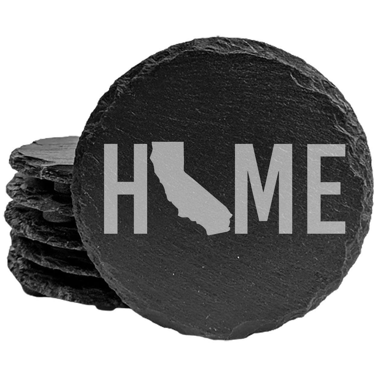 Rustic Slate Coasters Set of 4 - Laser Etched 'HOME' Design with California State - Perfect Gift for Holidays, Birthdays, Housewarming - 4" Round, Natural Chipped Edge, Made in Oregon, USA