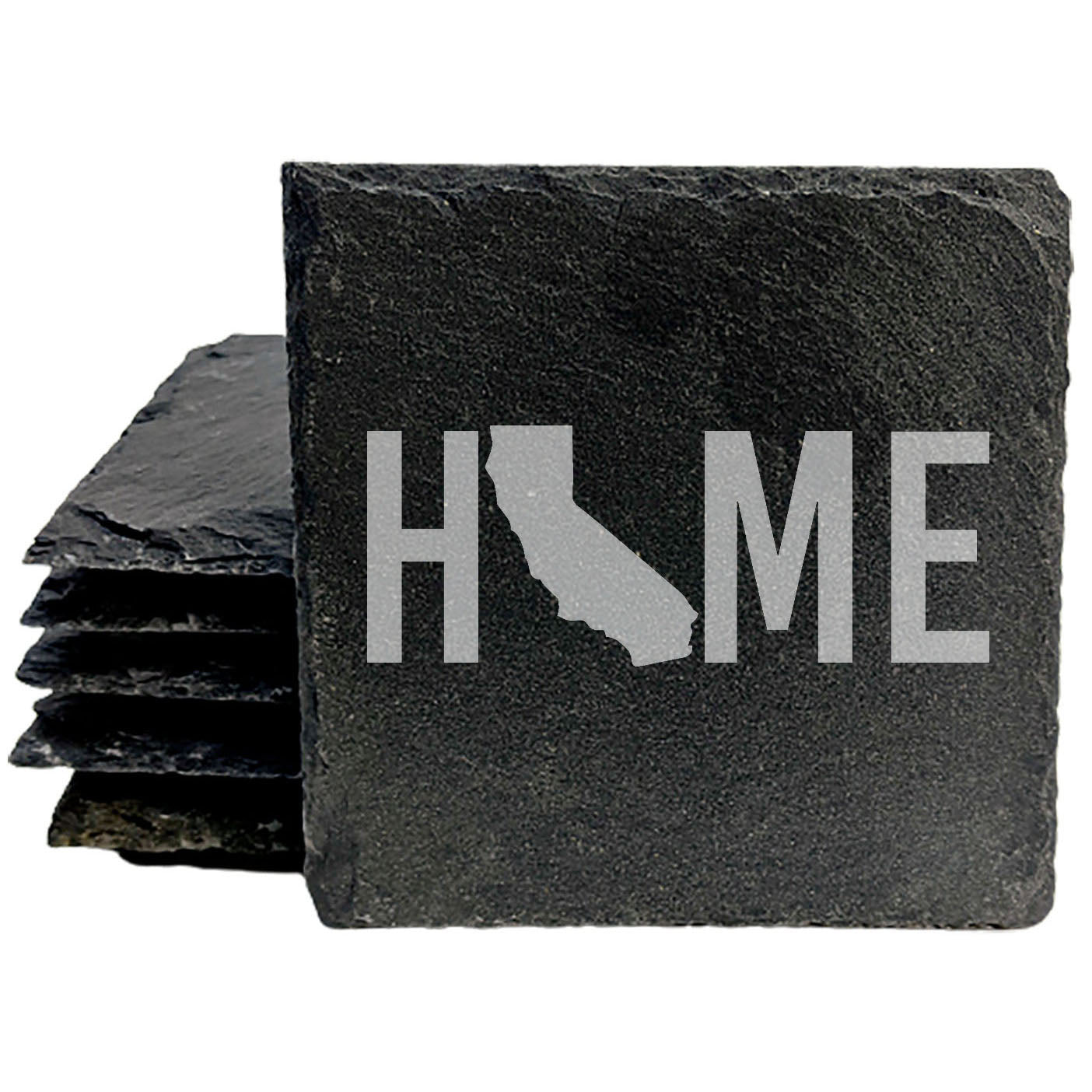 Rustic Slate Coasters Set of 4 - Laser Etched 'HOME' Design with California State - Perfect Gift for Holidays, Birthdays, Housewarming - 4" Round, Natural Chipped Edge, Made in Oregon, USA