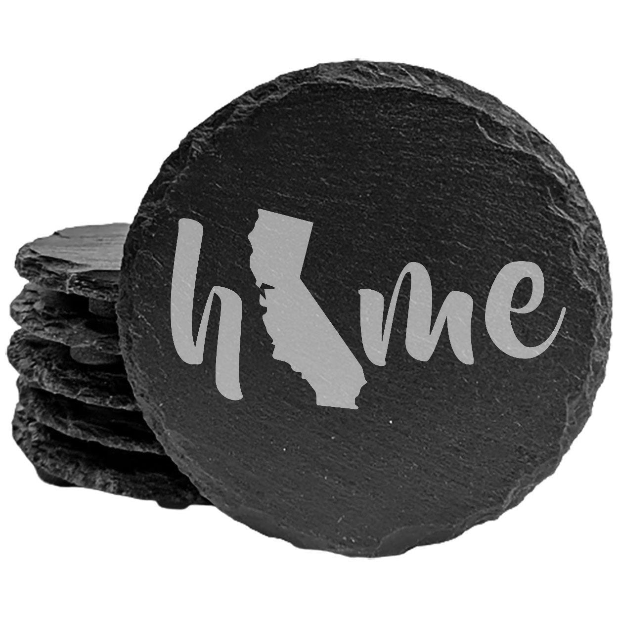 Rustic Slate Coasters Set of 4 - Laser Etched 'Home' Design with California State - Perfect Gift for Holidays, Birthdays, Housewarming - 4" Round/Square - Made in Oregon, USA - Natural Edge