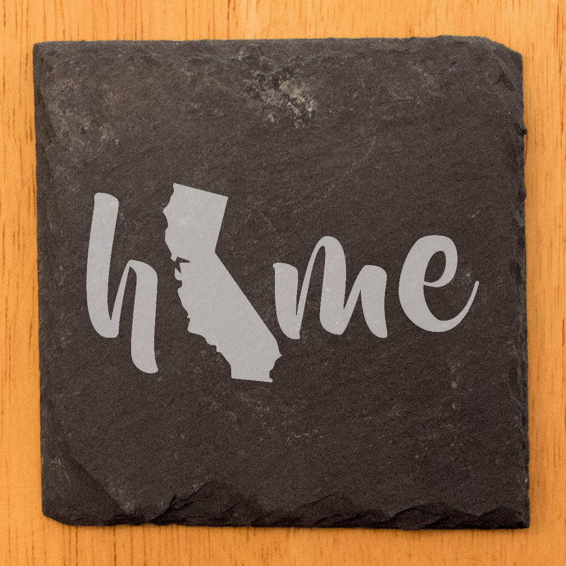 Rustic Slate Coasters Set of 4 - Laser Etched 'Home' Design with California State - Perfect Gift for Holidays, Birthdays, Housewarming - 4" Round/Square - Made in Oregon, USA - Natural Edge