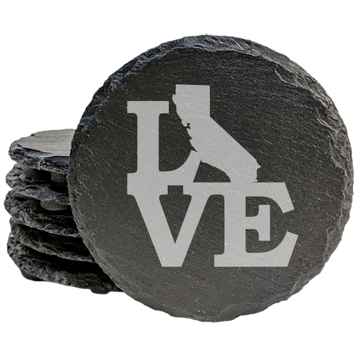 Rustic Slate Coasters Set of 4, Laser Etched 'LOVE' Design with California State, 4" Round, Natural Chipped Edge, Rubber Feet, Perfect Gift for Holidays, Birthdays, Housewarming, Made in USA
