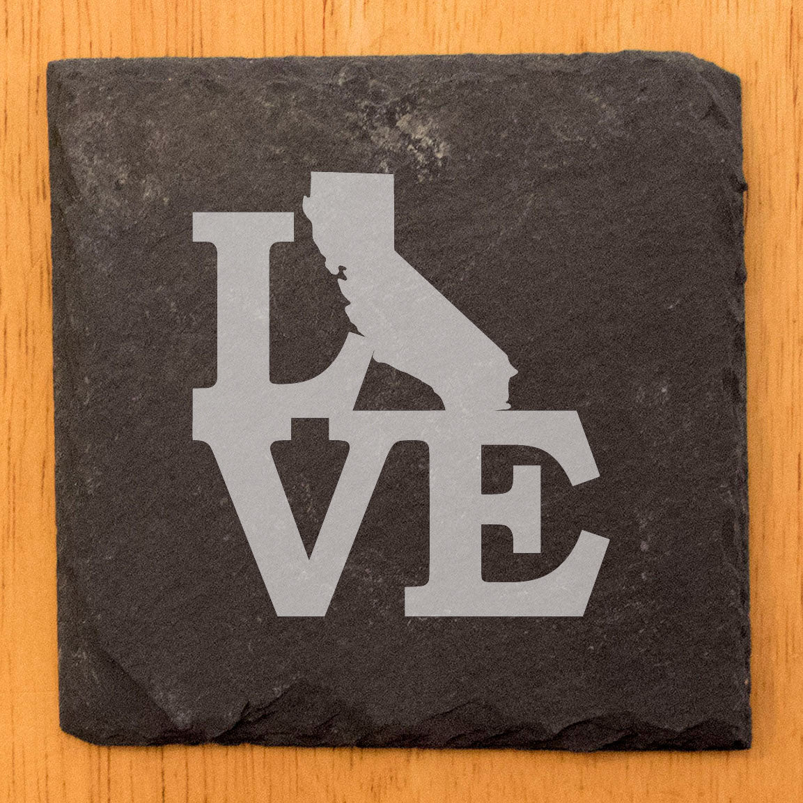 Rustic Slate Coasters Set of 4, Laser Etched 'LOVE' Design with California State, 4" Round, Natural Chipped Edge, Rubber Feet, Perfect Gift for Holidays, Birthdays, Housewarming, Made in USA