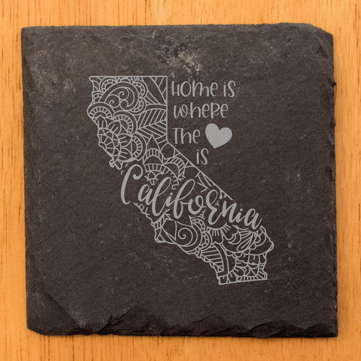 Rustic Slate Coasters Set of 4, Round 4" with California Mandala Design, 'Home is Where the Heart Is' Quote, Perfect Gift for Holidays, Birthdays, Housewarming, Made in Oregon, USA