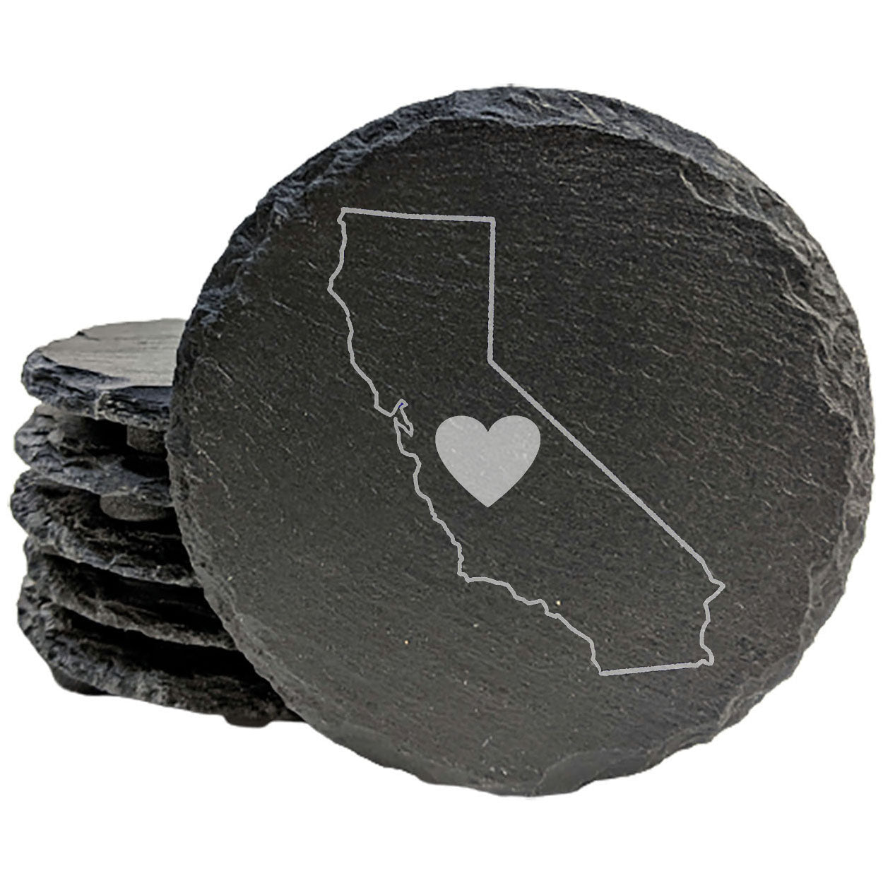 Rustic Slate Coasters Set of 4 - California Heart Design, 4" Round, Natural Chipped Edge, Rubber Feet, - Perfect for Holidays, Birthdays, Housewarming - Made in Oregon, USA