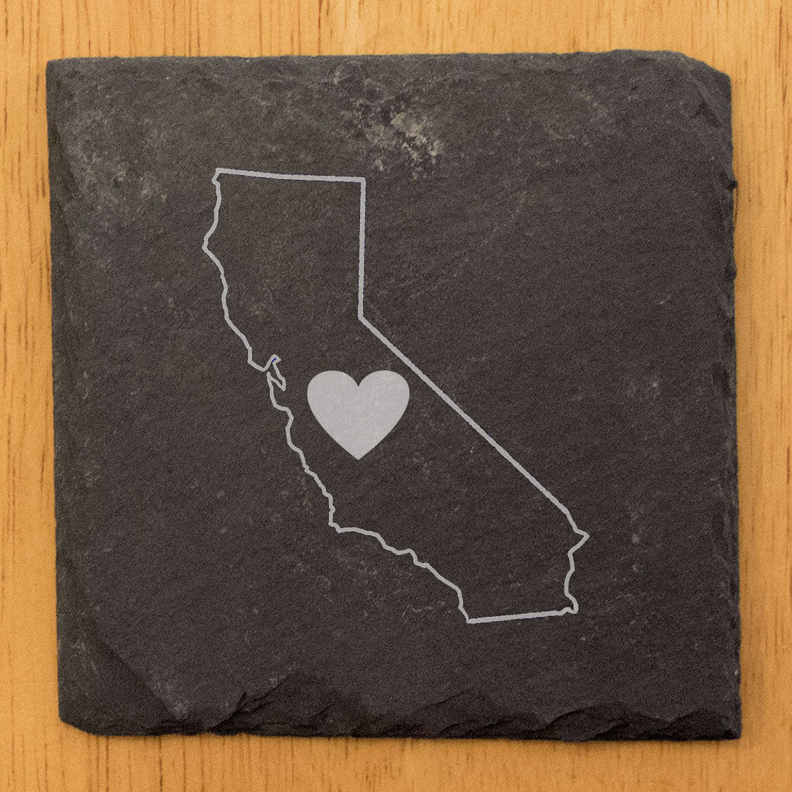 Rustic Slate Coasters Set of 4 - California Heart Design, 4" Round, Natural Chipped Edge, Rubber Feet, - Perfect for Holidays, Birthdays, Housewarming - Made in Oregon, USA