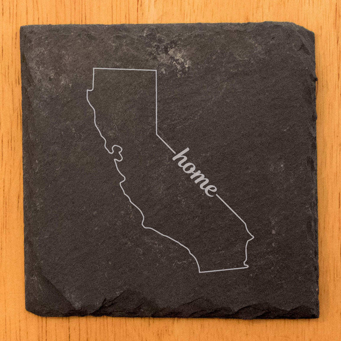 Rustic Slate Coasters Set of 4, Round 4" with California 'Home' Design, Laser Etched, Perfect for Holidays, Birthdays, Housewarming Gifts, Made in Oregon, USA, Natural Chipped Edge, Rubber Feet