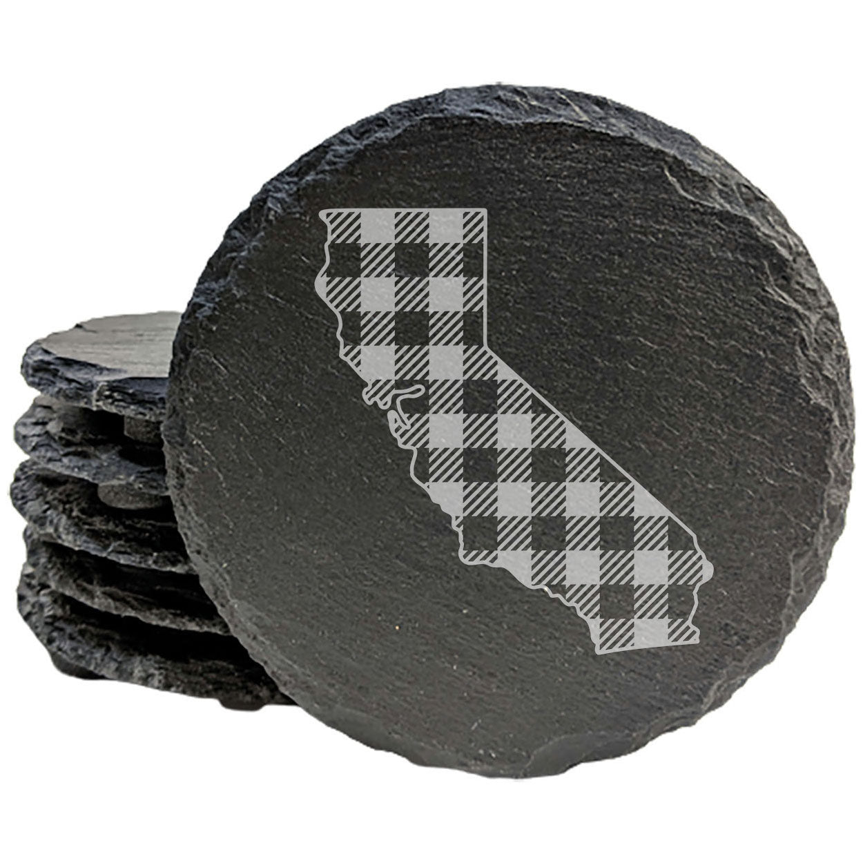 Rustic Slate Coasters Set of 4, Round 4" with California Plaid Design, Perfect for Holidays, Birthdays, Housewarming Gifts, She-Shed or Man Cave, Made in Oregon, USA, Natural Chipped Edge