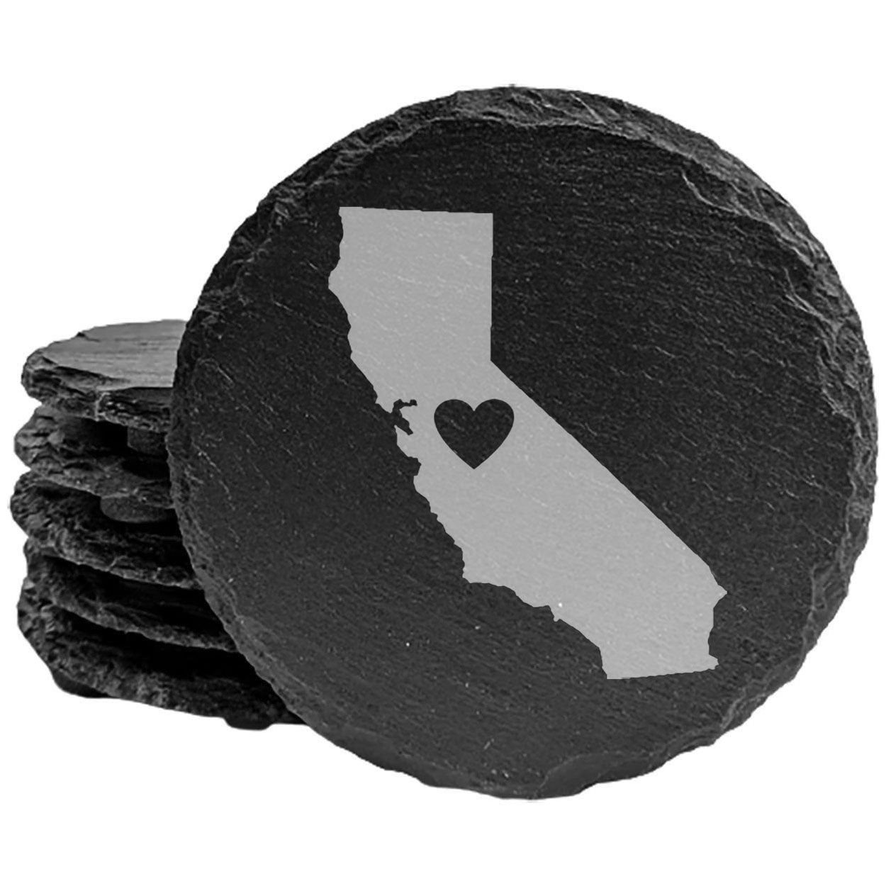 Rustic Slate Coasters Set of 4, Round 4" with California Heart Design, Laser Etched, Perfect for Holidays, Birthdays, Housewarming Gifts, Made in Oregon, USA, Natural Chipped Edge, Rubber Feet