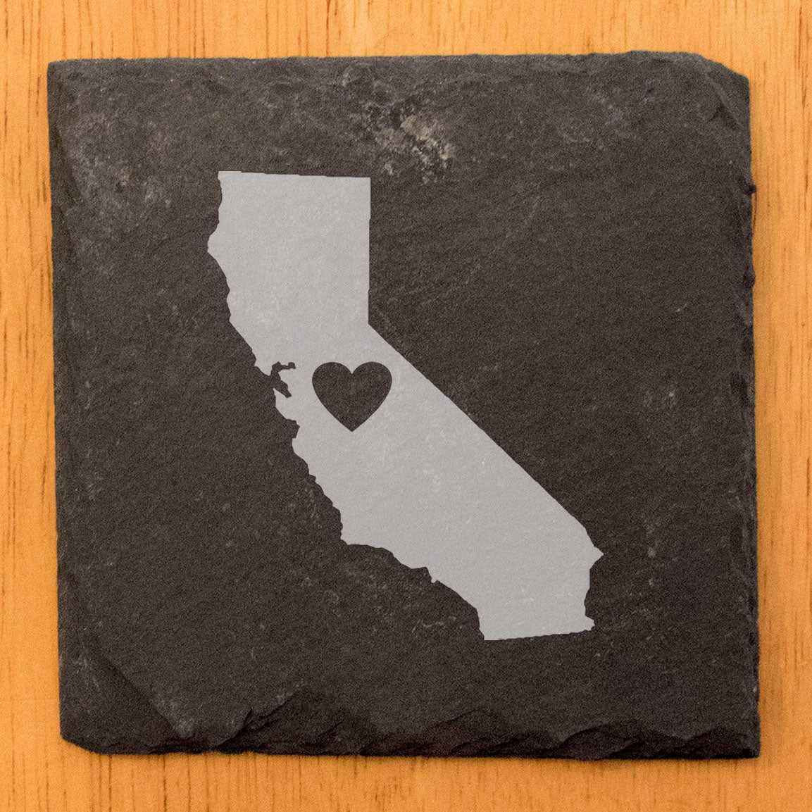 Rustic Slate Coasters Set of 4, Round 4" with California Heart Design, Laser Etched, Perfect for Holidays, Birthdays, Housewarming Gifts, Made in Oregon, USA, Natural Chipped Edge, Rubber Feet