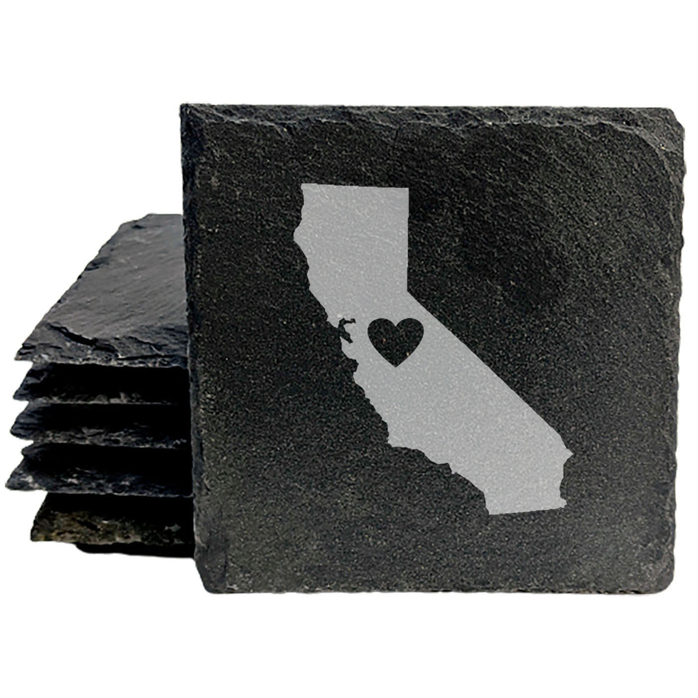 Rustic Slate Coasters Set of 4, Round 4" with California Heart Design, Laser Etched, Perfect for Holidays, Birthdays, Housewarming Gifts, Made in Oregon, USA, Natural Chipped Edge, Rubber Feet