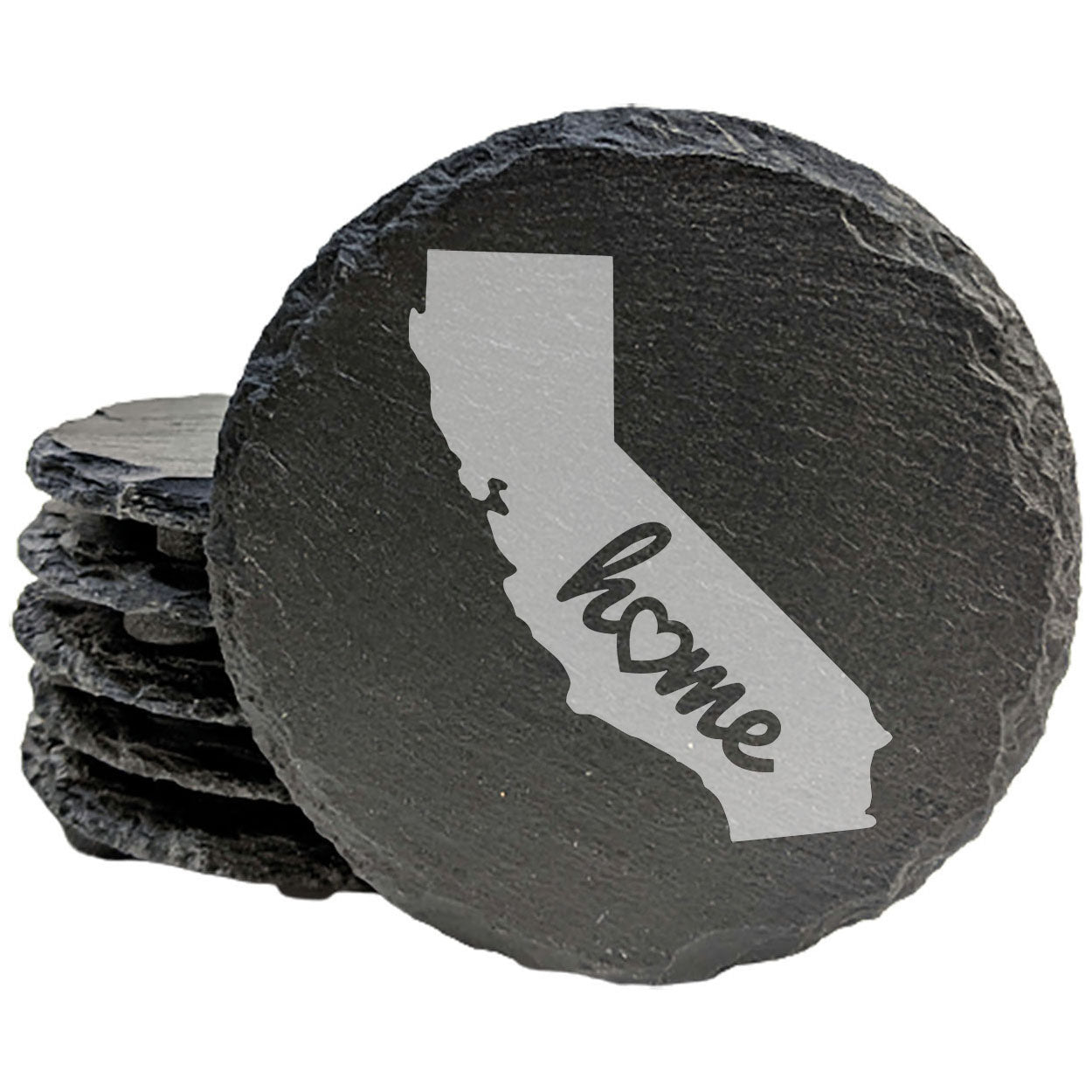 Rustic Slate Coasters Set of 4, Round 4" with California 'Home' Heart Design, Perfect for Holidays, Birthdays, Housewarming, She-Shed, Man Cave, Made in Oregon, USA,