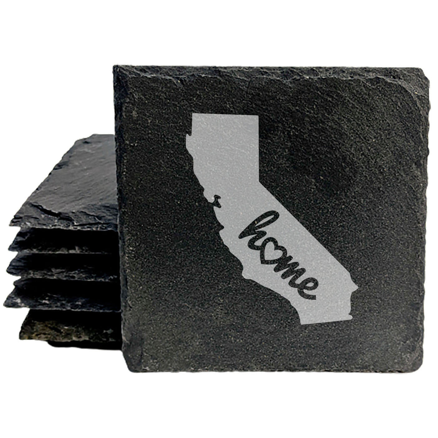 Rustic Slate Coasters Set of 4, Round 4" with California 'Home' Heart Design, Perfect for Holidays, Birthdays, Housewarming, She-Shed, Man Cave, Made in Oregon, USA,