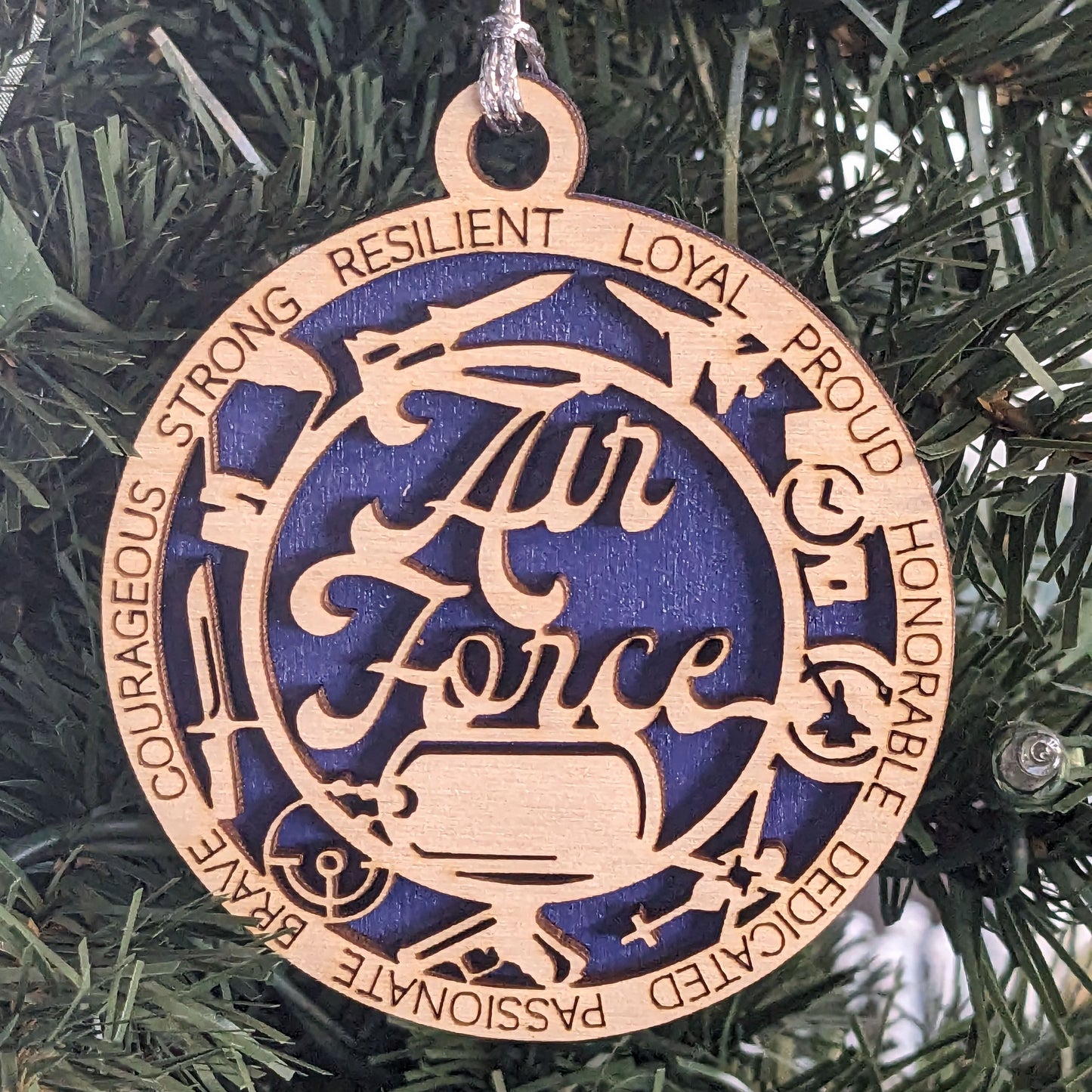 Personalized Air Force Wooden Ornament - 3" Laser Cut Military Christmas Decoration with Dog Tags and Icons - Handmade in USA