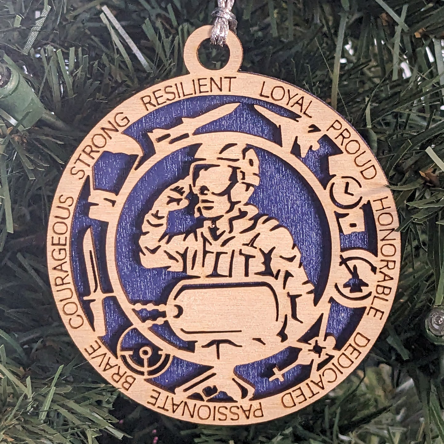 Personalized Air Force Soldier Ornament - 3" Wood Christmas Decoration with Dog Tags, Military Icons & Inspirational Words