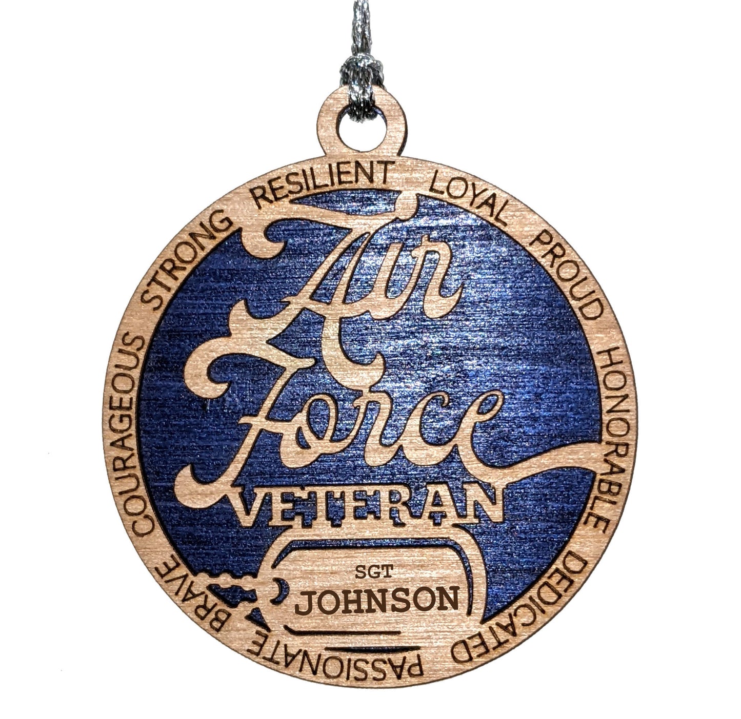 Personalized Air Force Veteran Ornament - Wooden Laser Cut Christmas Decoration with Custom Dog Tags