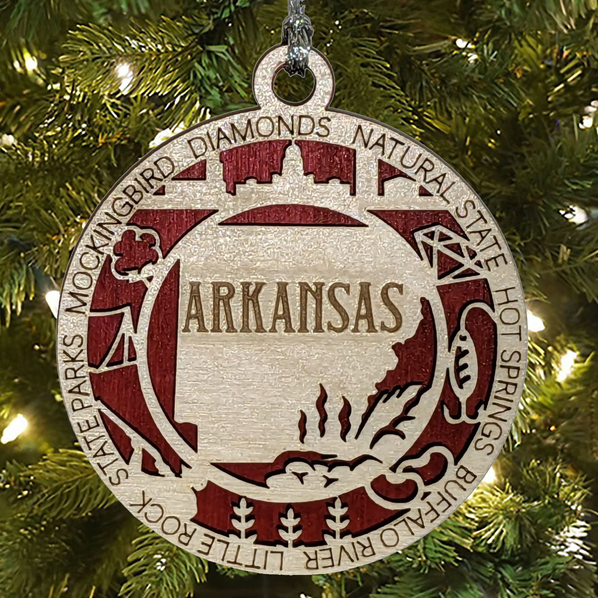 Arkansas State Pride 3D Wood Laser Cut Ornament: Featuring Iconic Arkansas Symbols and Custom Background Colors