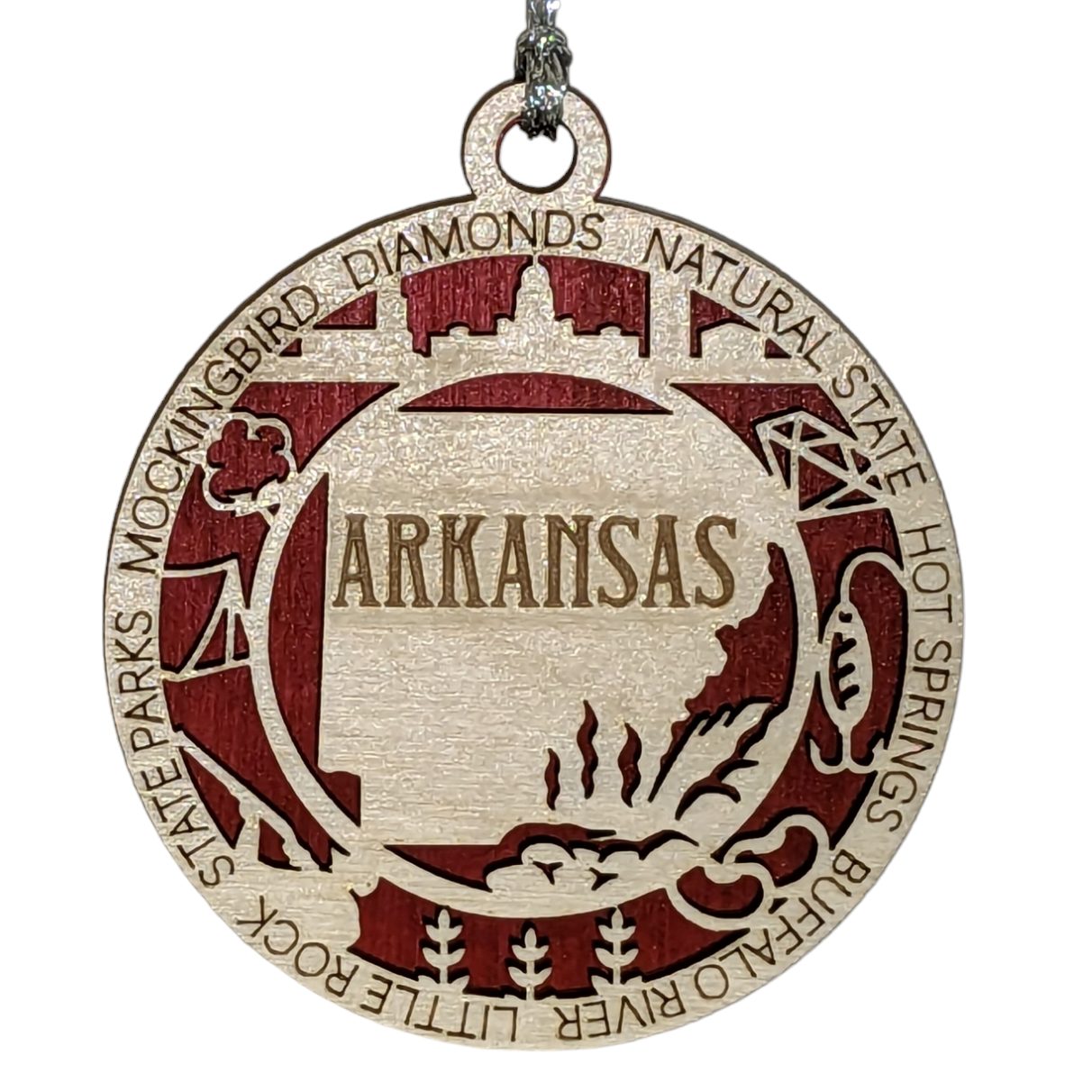 Arkansas State Pride 3D Wood Laser Cut Ornament: Featuring Iconic Arkansas Symbols and Custom Background Colors