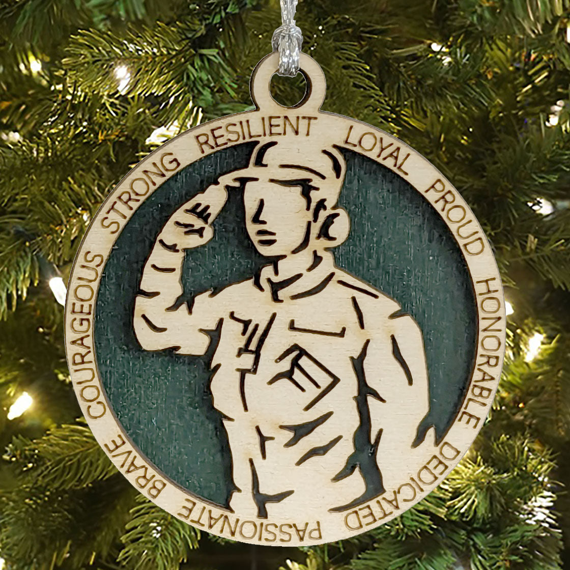 Handcrafted Female Soldier Christmas Ornament - 3" Wood Laser Cut Military Tribute - Patriotic Holiday Decor for Women in Uniform