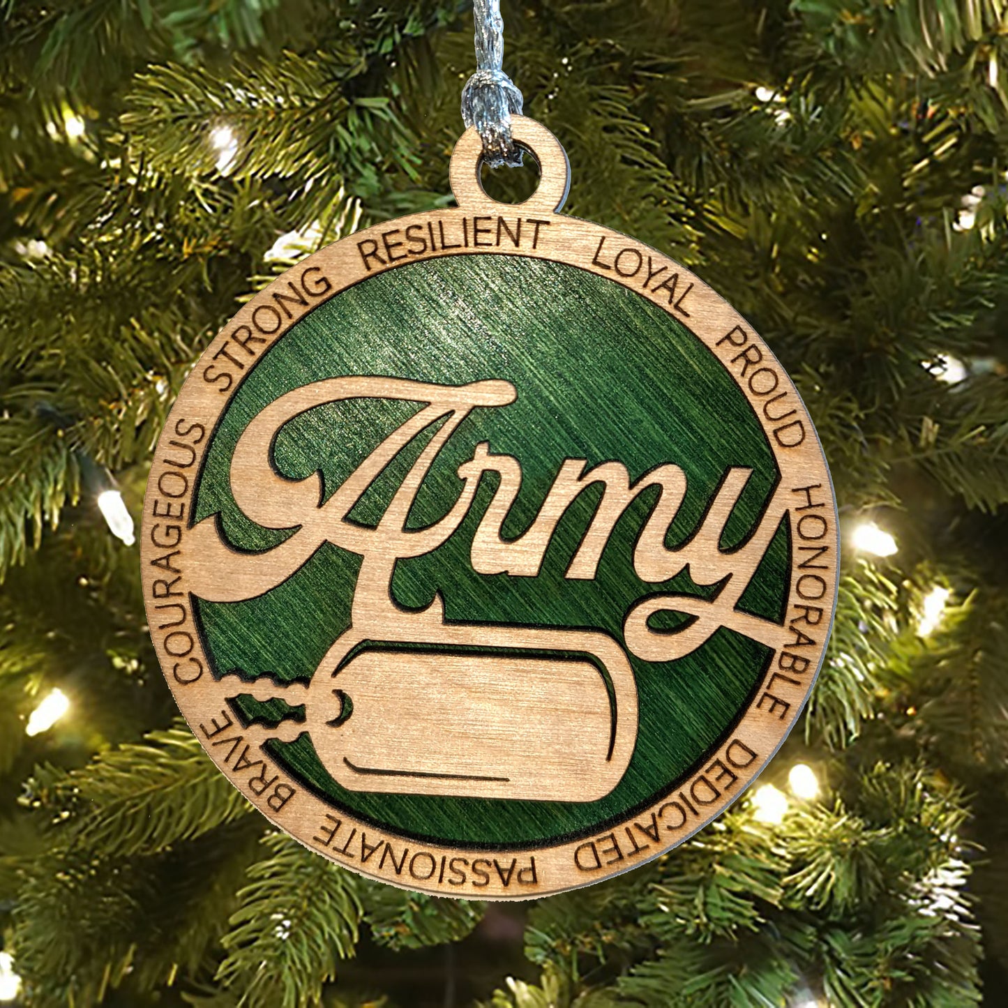 Personalized Army Ornament - Laser Cut Wood Christmas Decoration with Custom Dog Tags, Military Gift