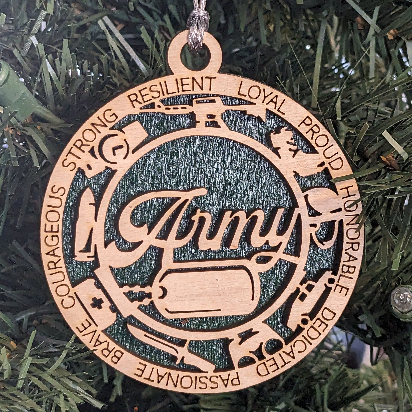 Handcrafted Wooden Army Ornament - Personalized Military Christmas Gift with Custom Dog Tags