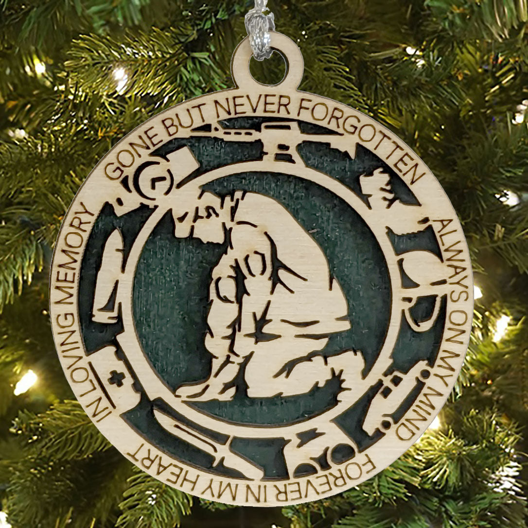 Handcrafted Army Soldier Memorial Wooden Christmas Ornament - 3" Laser Cut Tribute with Military Icons and Inspirational Words