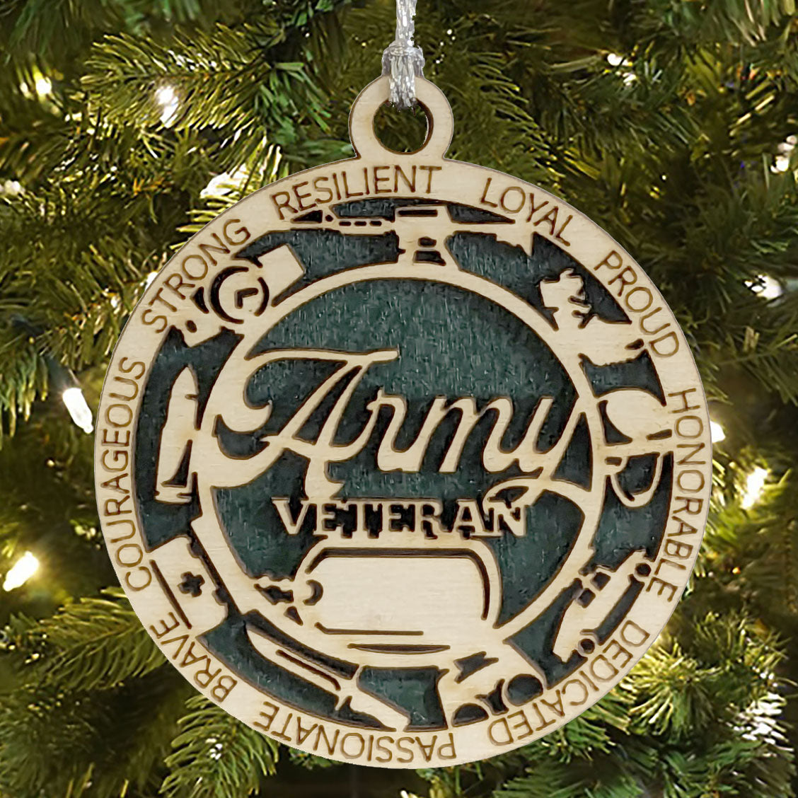 Personalized Army Veteran Wooden Christmas Ornament - Laser Cut Military Tribute with Custom Dog Tags - Handcrafted in USA
