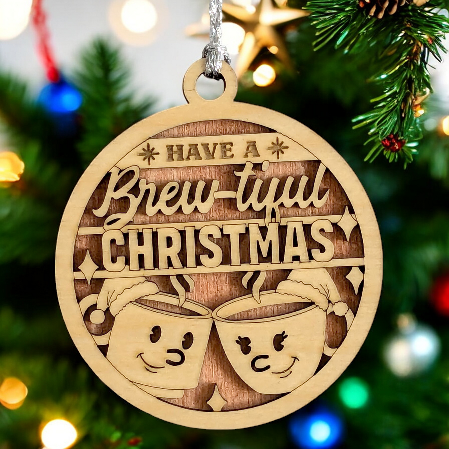 Funny Coffee Christmas Ornament - 3" Wood Laser Cut "Have a Brew-tiful Christmas" Handmade in USA