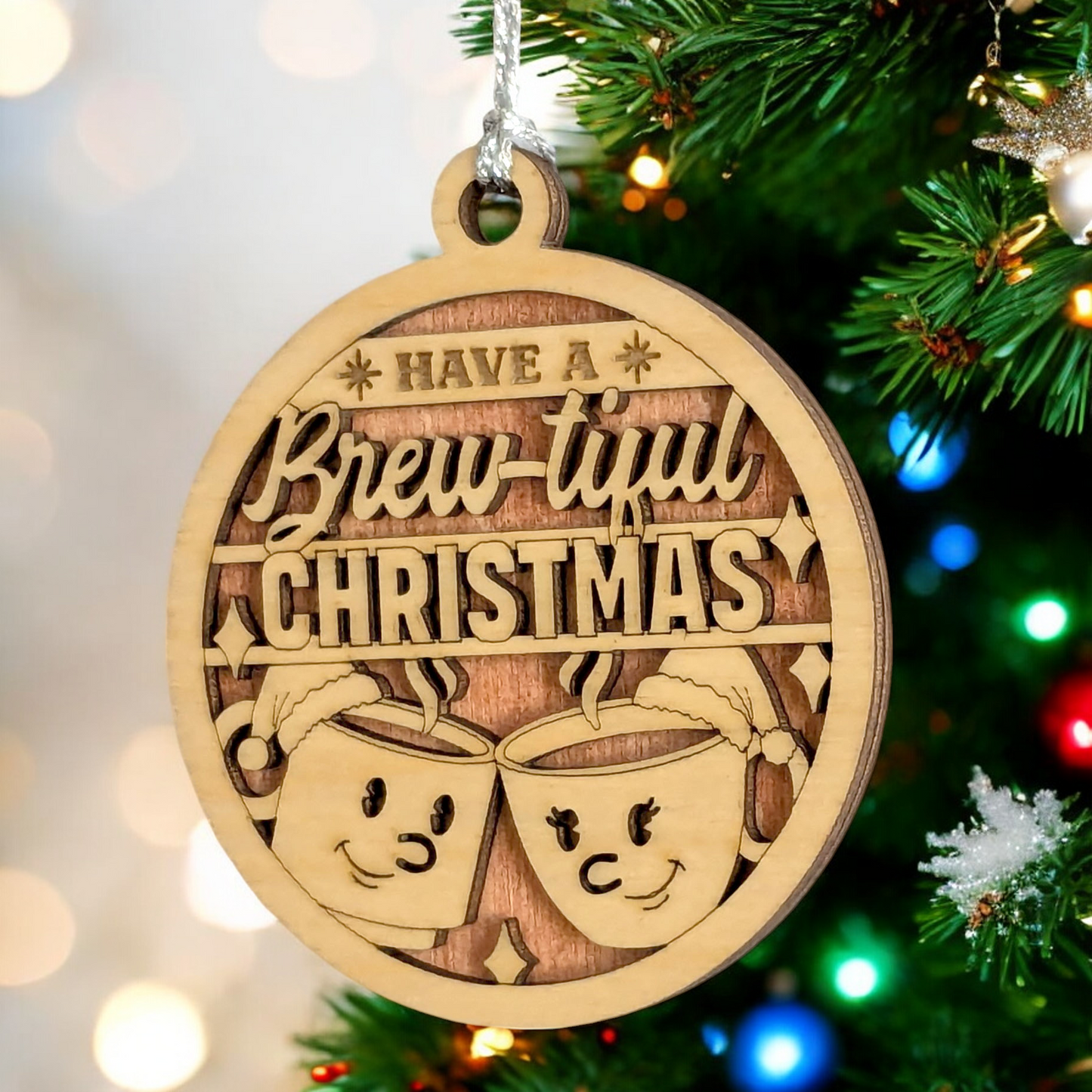 Funny Coffee Christmas Ornament - 3" Wood Laser Cut "Have a Brew-tiful Christmas" Handmade in USA