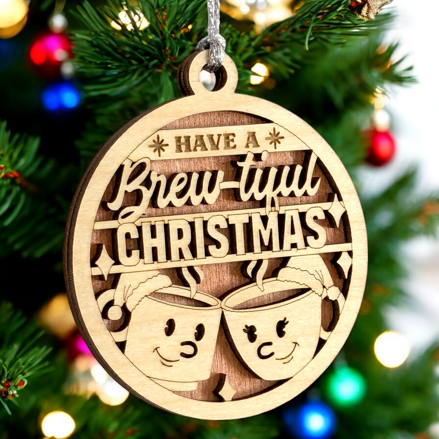 Funny Coffee Christmas Ornament - 3" Wood Laser Cut "Have a Brew-tiful Christmas" Handmade in USA