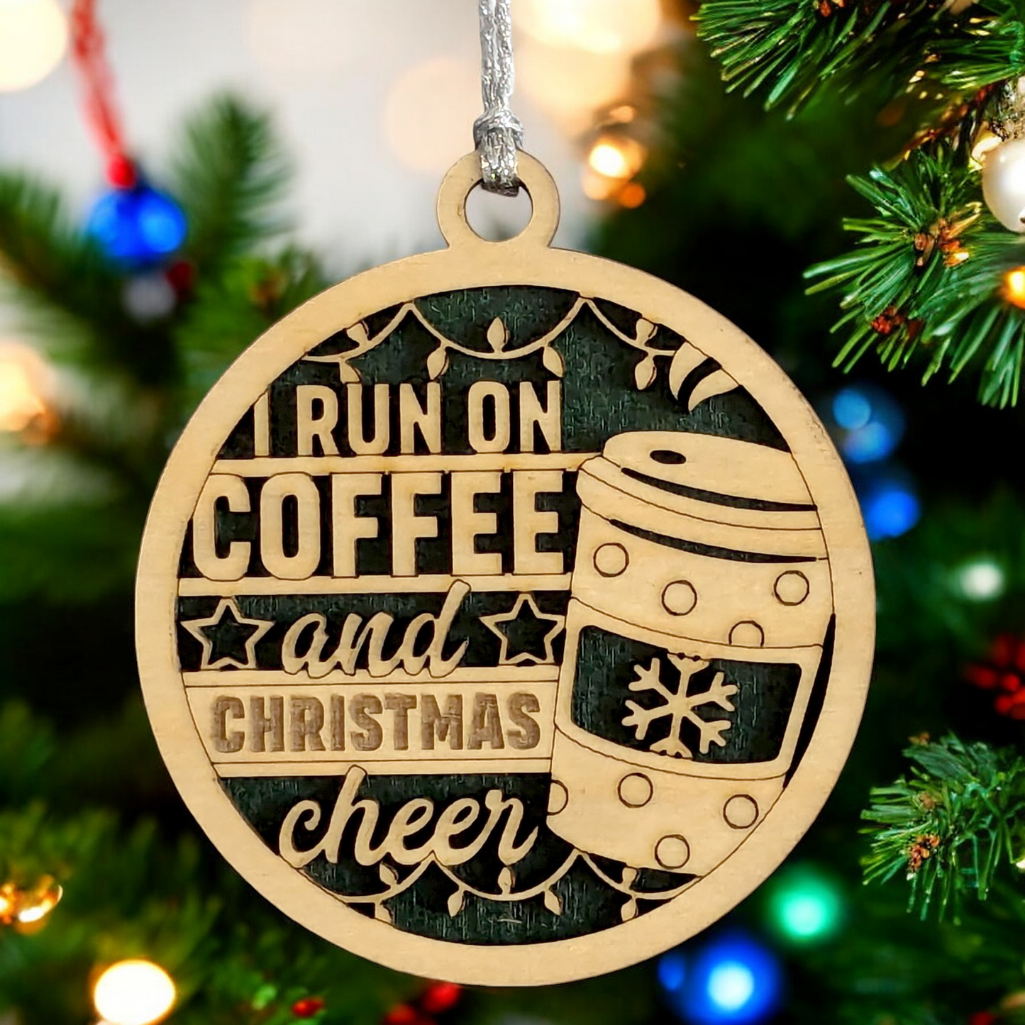 "Coffee and Christmas Cheer" 3" Wooden Ornament - Handcrafted Holiday Gift from Oregon
