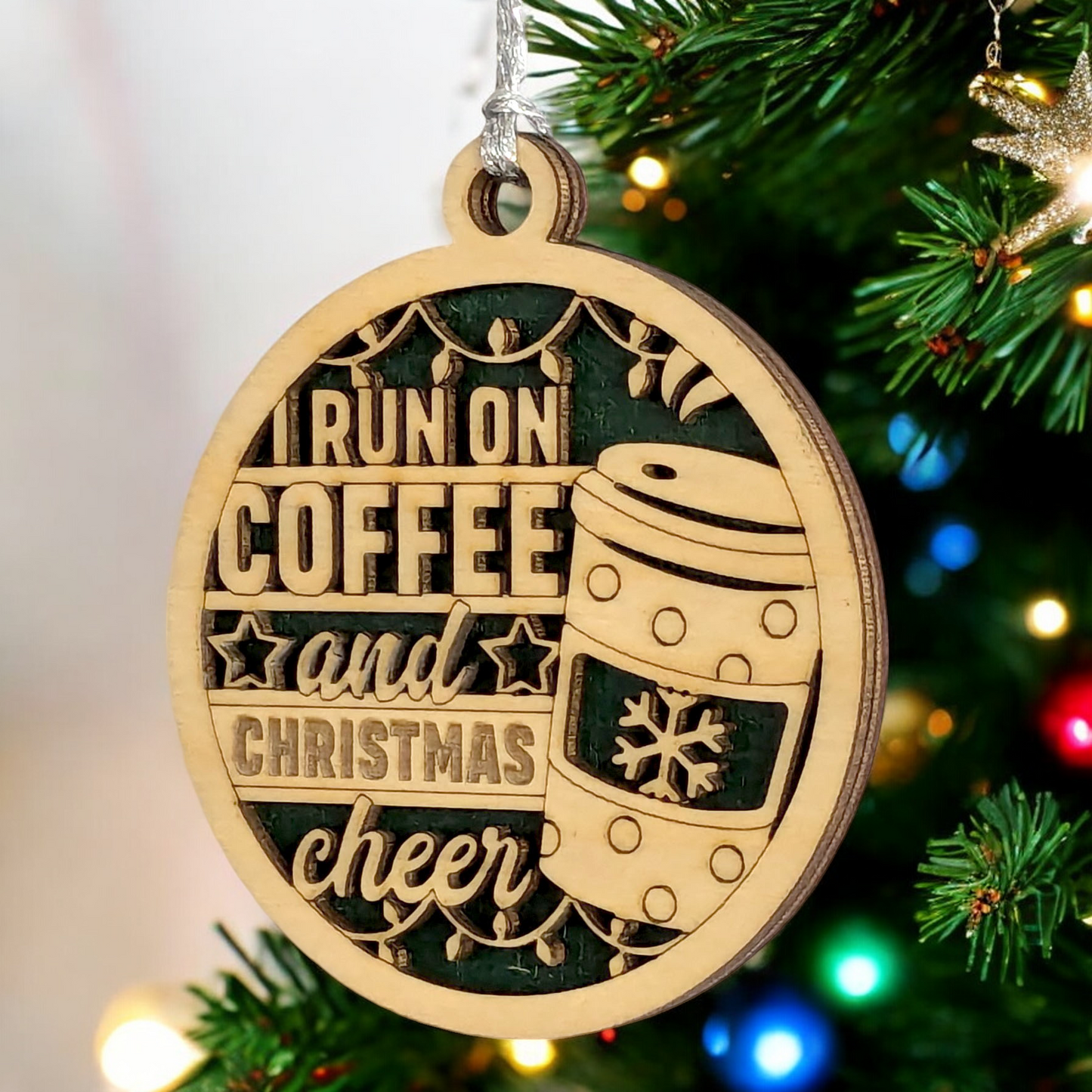 "Coffee and Christmas Cheer" 3" Wooden Ornament - Handcrafted Holiday Gift from Oregon