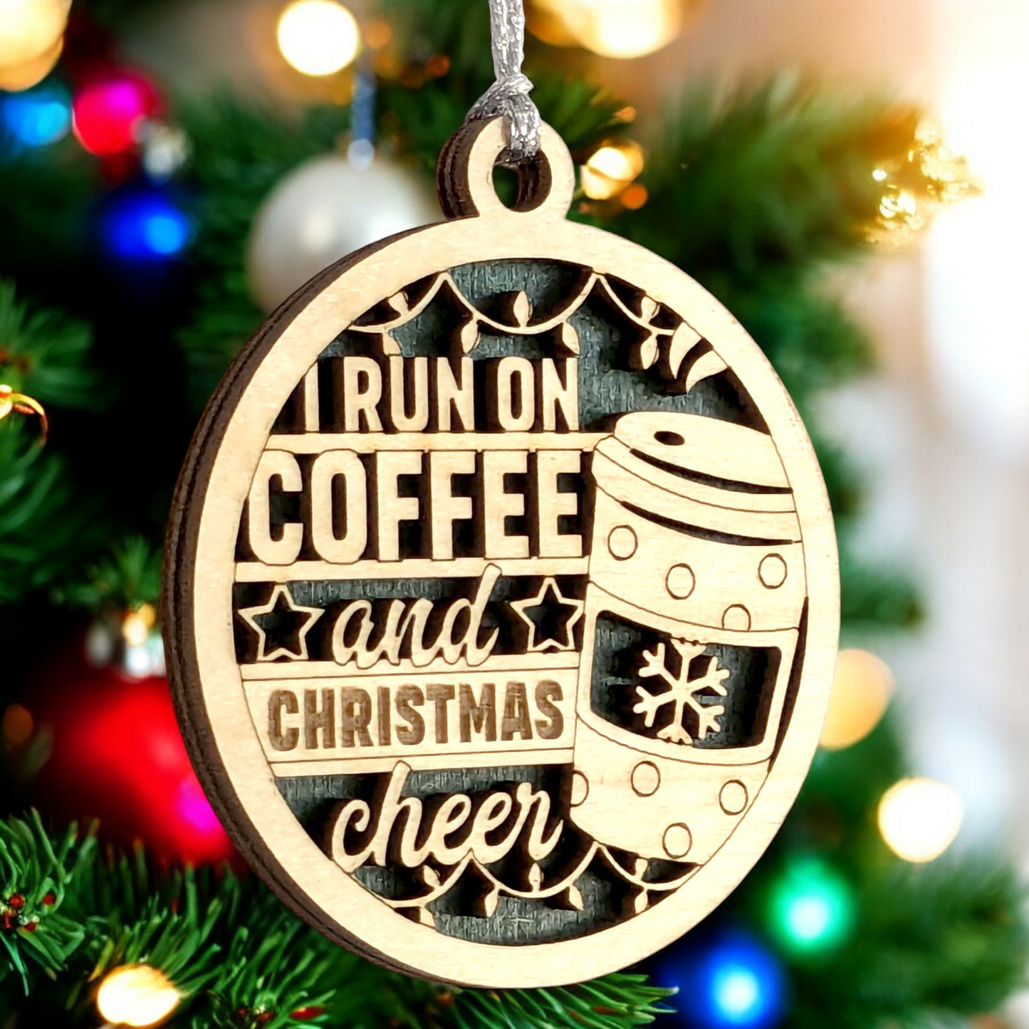 "Coffee and Christmas Cheer" 3" Wooden Ornament - Handcrafted Holiday Gift from Oregon
