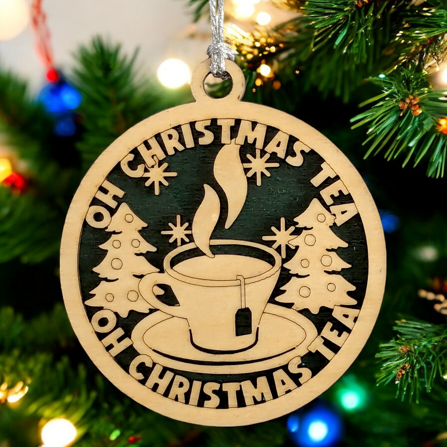 "Oh Christmas Tea" 3" Wooden Ornament - Laser Cut Tea Cup Design - Handmade Holiday Decor from Oregon