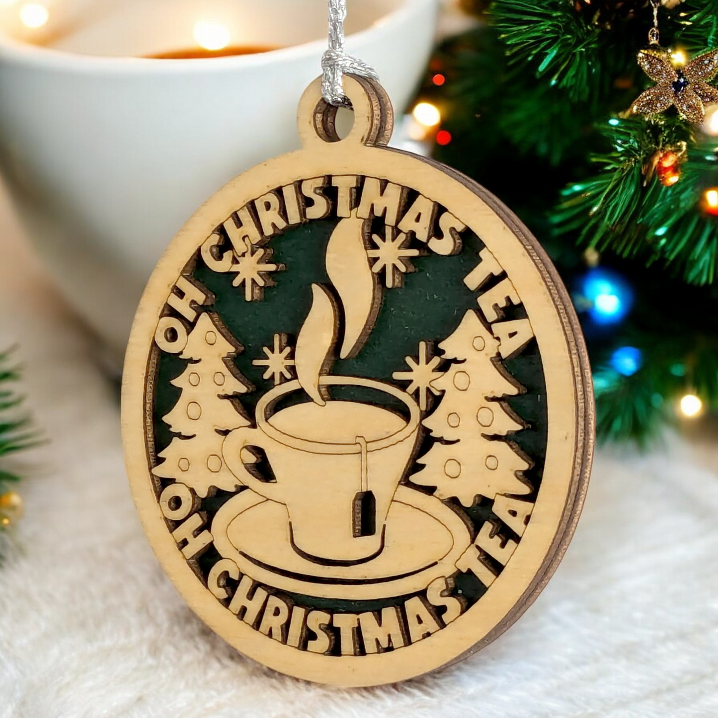 "Oh Christmas Tea" 3" Wooden Ornament - Laser Cut Tea Cup Design - Handmade Holiday Decor from Oregon