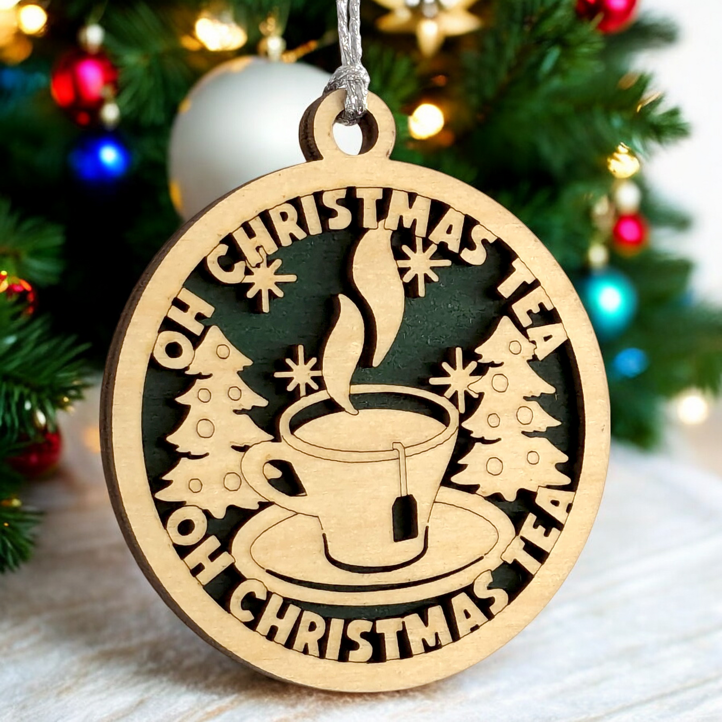 "Oh Christmas Tea" 3" Wooden Ornament - Laser Cut Tea Cup Design - Handmade Holiday Decor from Oregon