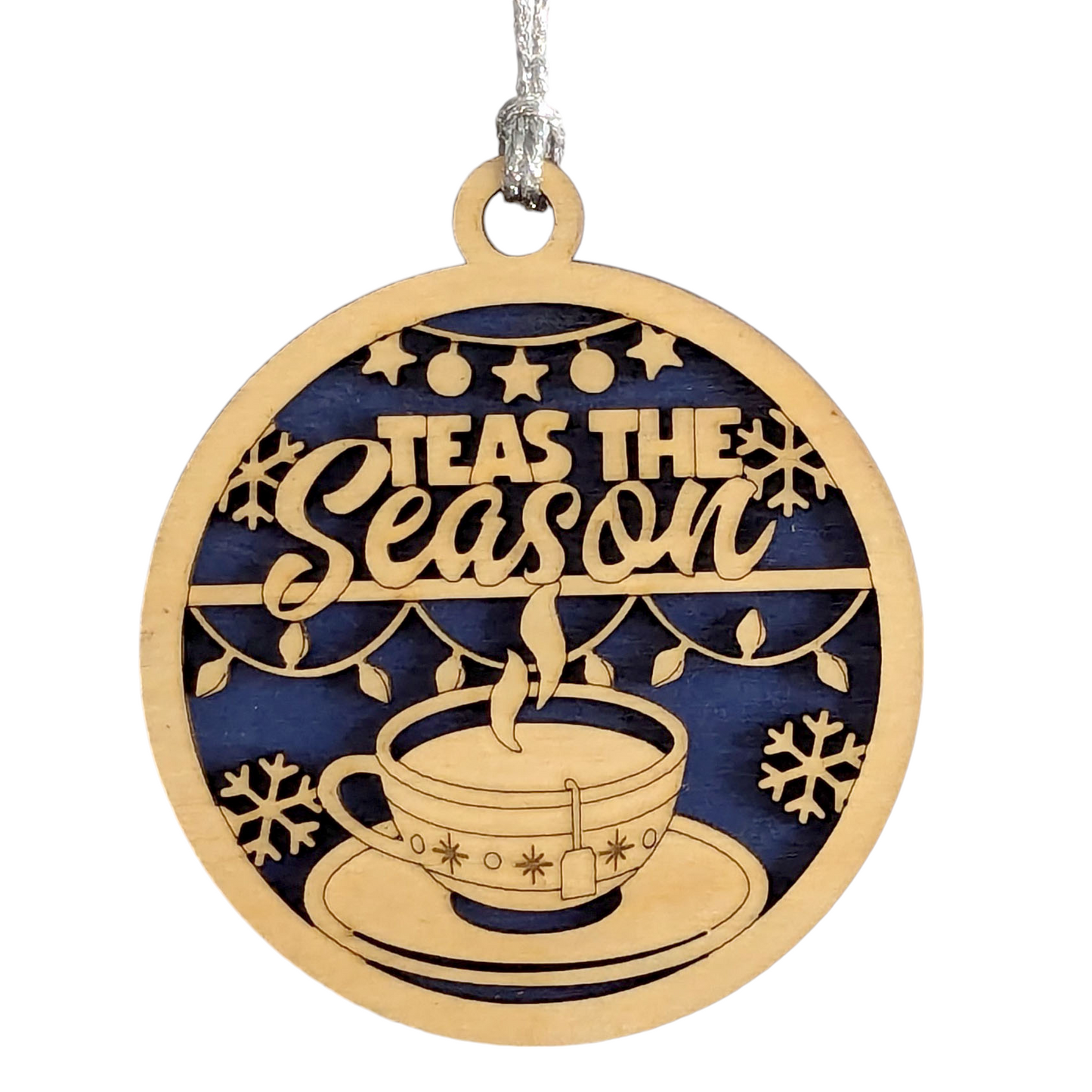Handcrafted 3" Wood Christmas Ornament - Laser Cut Tea Cup "Teas the Season" - Rustic Holiday Decor, Oregon USA Small Business