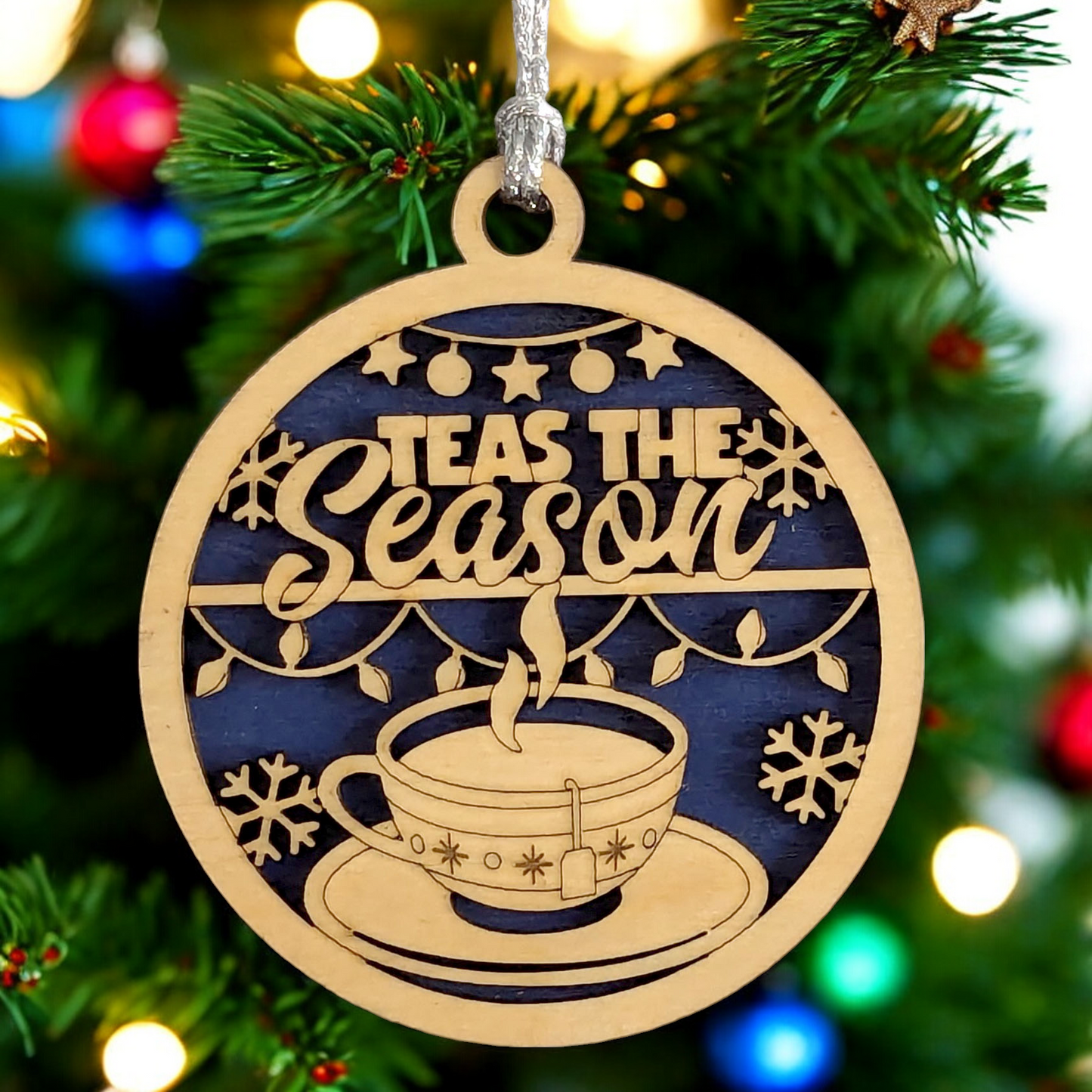 Handcrafted 3" Wood Christmas Ornament - Laser Cut Tea Cup "Teas the Season" - Rustic Holiday Decor, Oregon USA Small Business