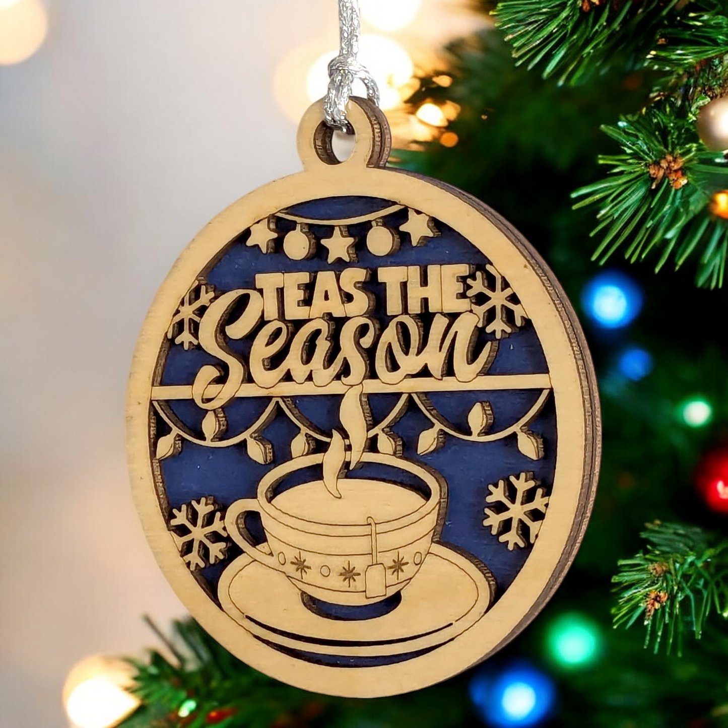 Handcrafted 3" Wood Christmas Ornament - Laser Cut Tea Cup "Teas the Season" - Rustic Holiday Decor, Oregon USA Small Business