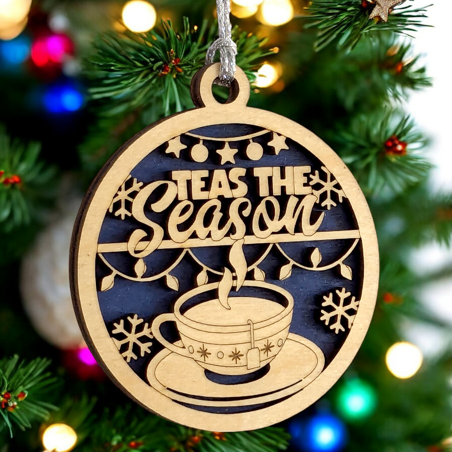 Handcrafted 3" Wood Christmas Ornament - Laser Cut Tea Cup "Teas the Season" - Rustic Holiday Decor, Oregon USA Small Business