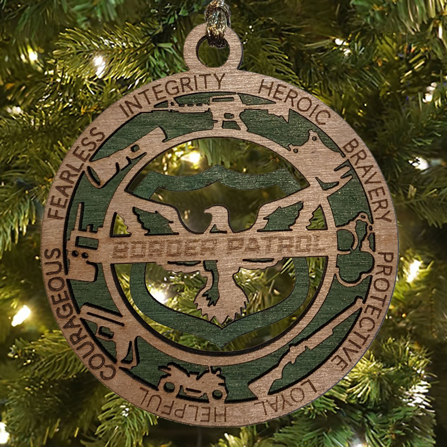 3" Laser Cut Handcrafted Wooden Border Patrol Christmas Ornament - Custom Cut Background First Responder Holiday Decor