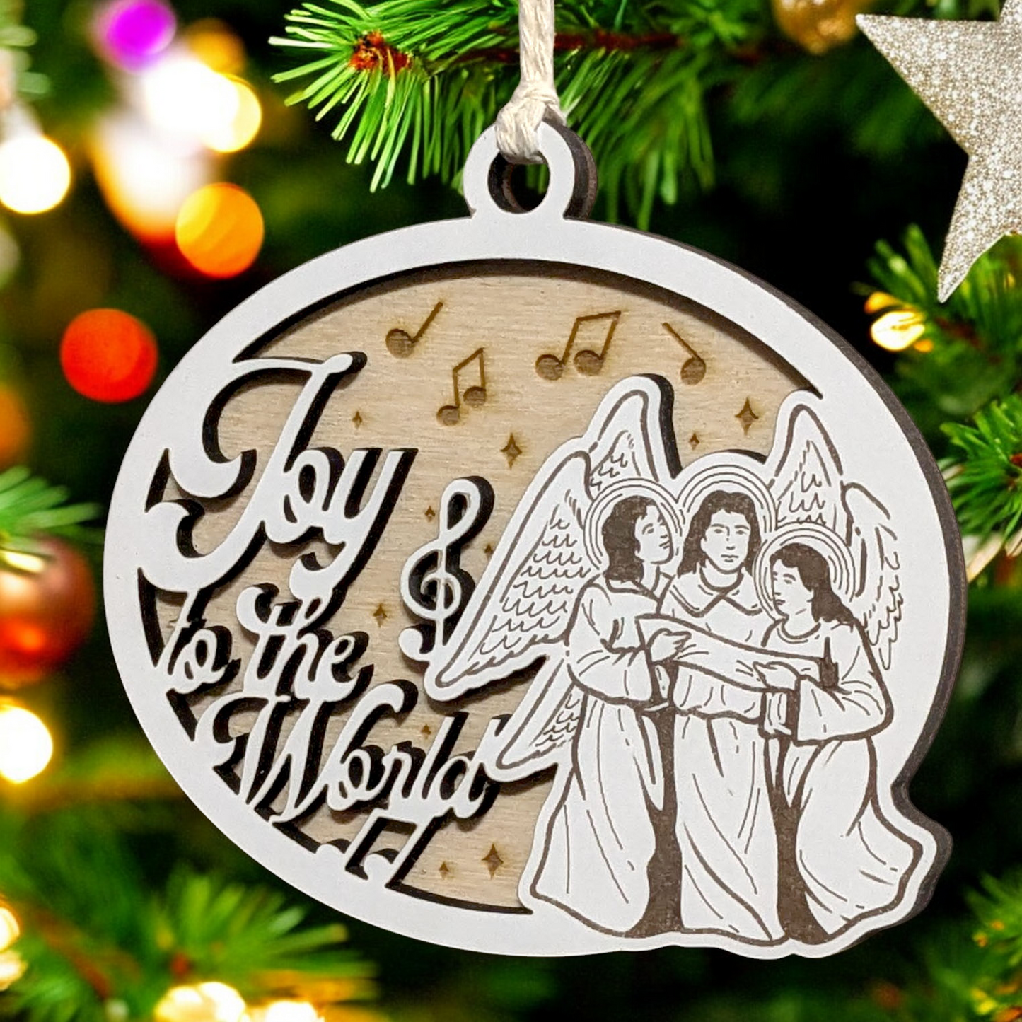 "Joy To The World" 3.5"-5" Oval Laser Cut Wooden Christmas Ornament, Handcrafted in USA, Two-Layer Design with Whiteboard & Natural Wood, Features Angels