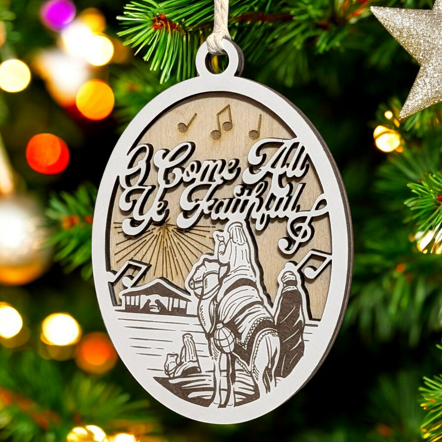 "O Come All Ye Faithful" 3.5"-5" Oval Laser Cut Wooden Christmas Ornament, Handcrafted in USA, Whiteboard & Natural Wood Layers, Wise Men Scene with Star & Music Notes