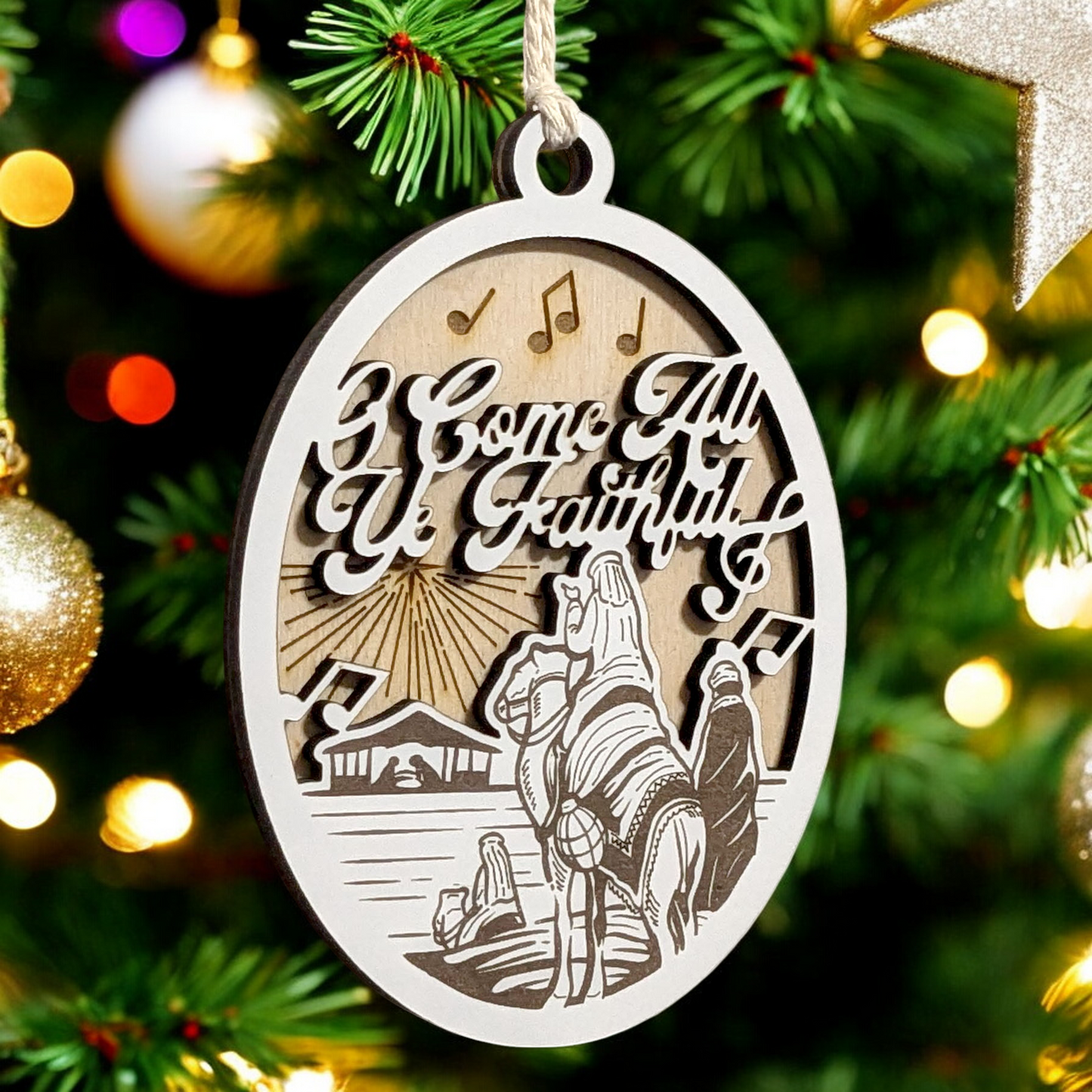 "O Come All Ye Faithful" 3.5"-5" Oval Laser Cut Wooden Christmas Ornament, Handcrafted in USA, Whiteboard & Natural Wood Layers, Wise Men Scene with Star & Music Notes