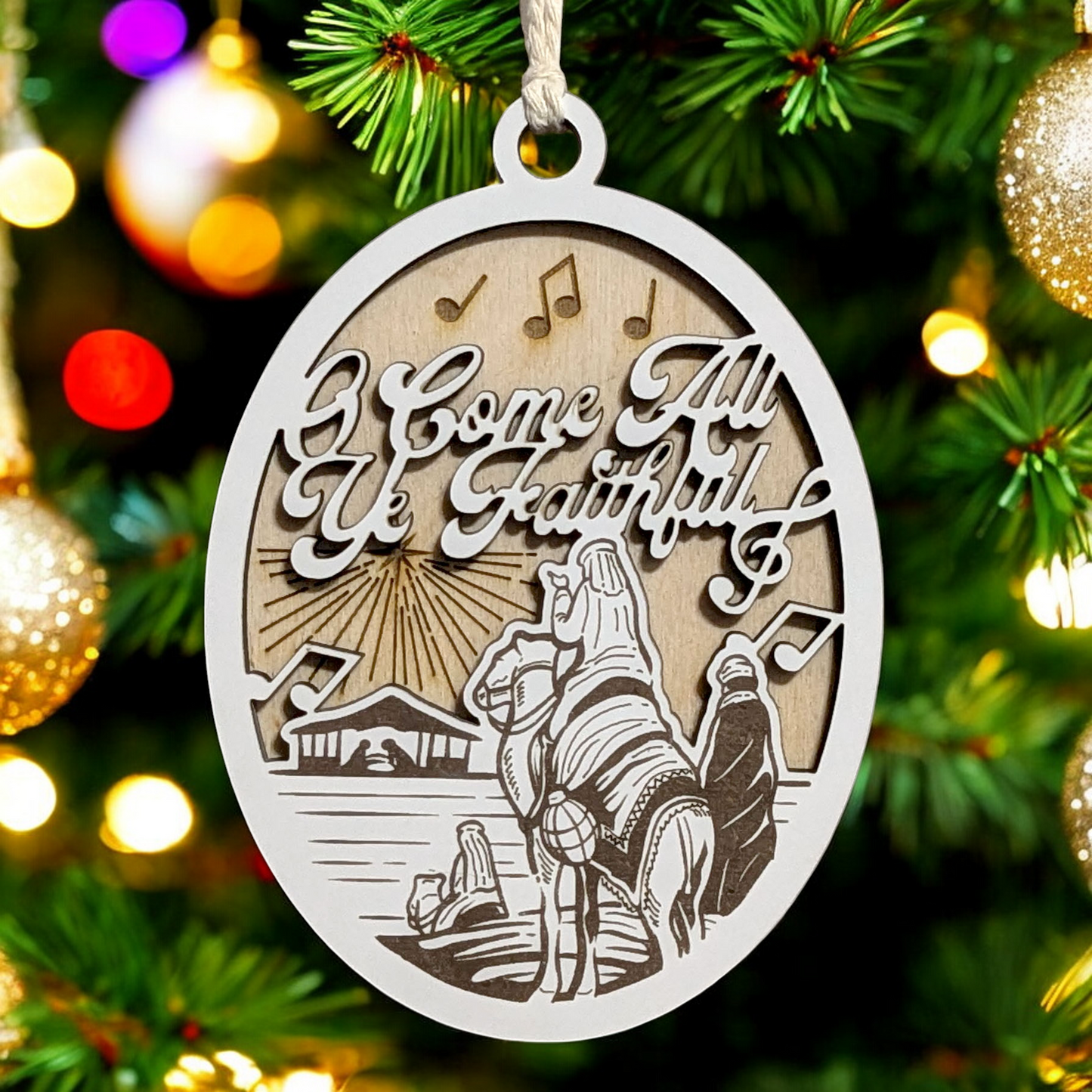 "O Come All Ye Faithful" 3.5"-5" Oval Laser Cut Wooden Christmas Ornament, Handcrafted in USA, Whiteboard & Natural Wood Layers, Wise Men Scene with Star & Music Notes
