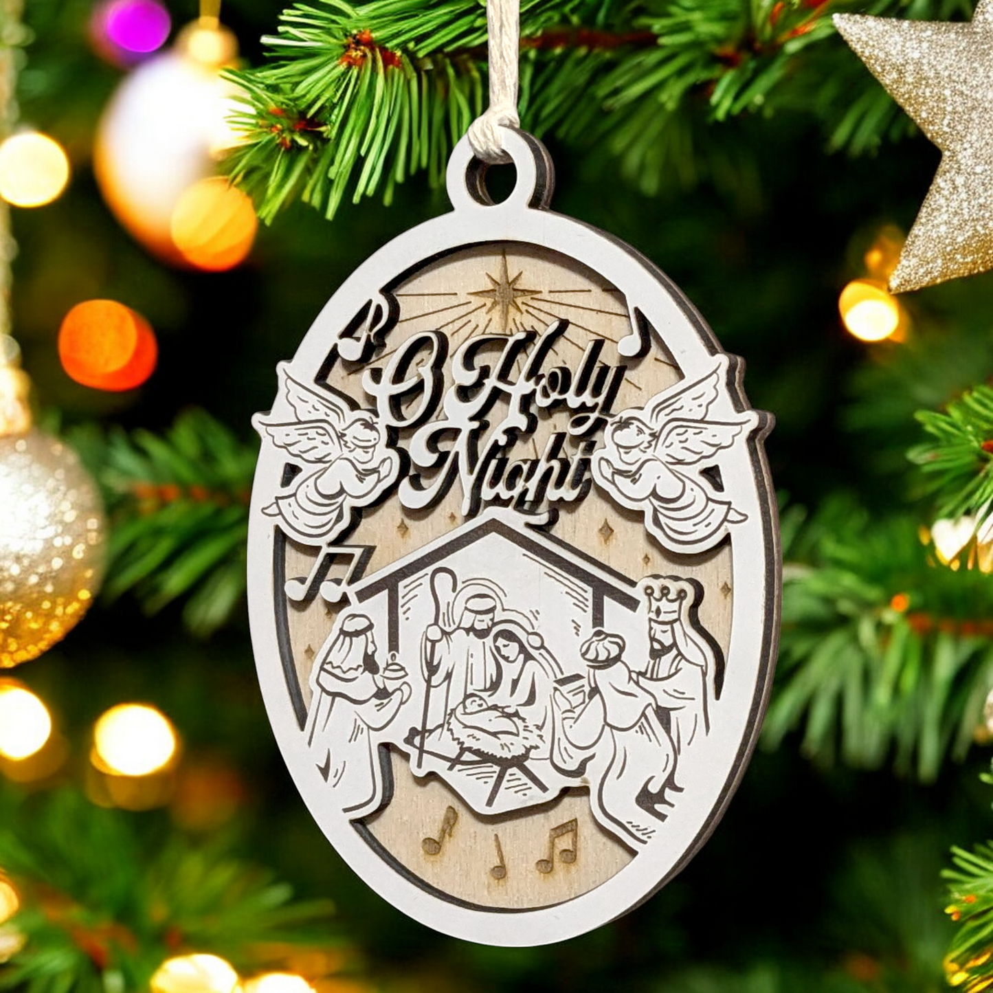 "O Holy Night" 3.5"-5" Oval Laser Cut Wooden Christmas Ornament, Handcrafted in USA, Whiteboard & Natural Wood Layers, Manger Scene with Jesus, Mary & Joseph, Angels & Music Notes