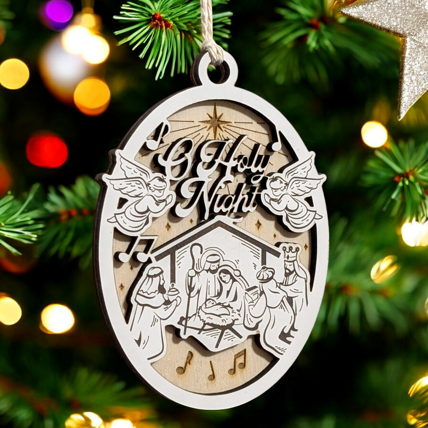 "O Holy Night" 3.5"-5" Oval Laser Cut Wooden Christmas Ornament, Handcrafted in USA, Whiteboard & Natural Wood Layers, Manger Scene with Jesus, Mary & Joseph, Angels & Music Notes